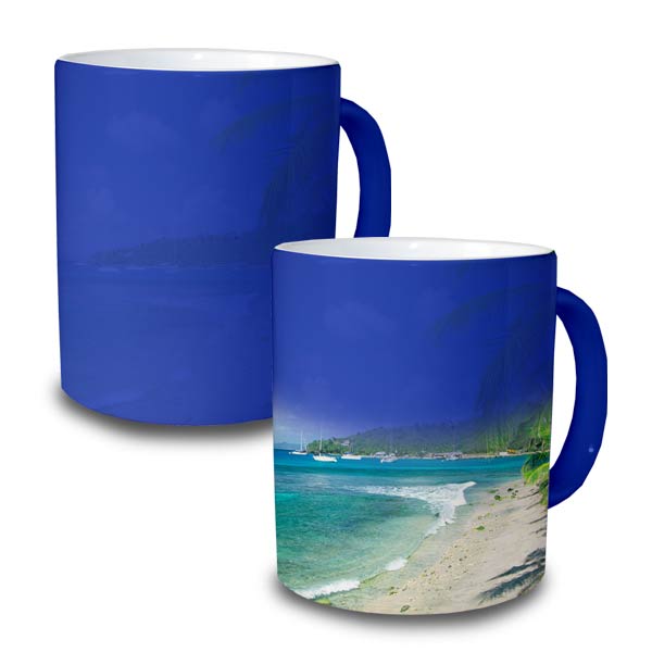 Your hot beverage makes this blue mug reveal your photo and text like magic