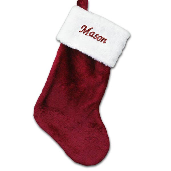 Plush embroidered stocking available in burgundy with your name