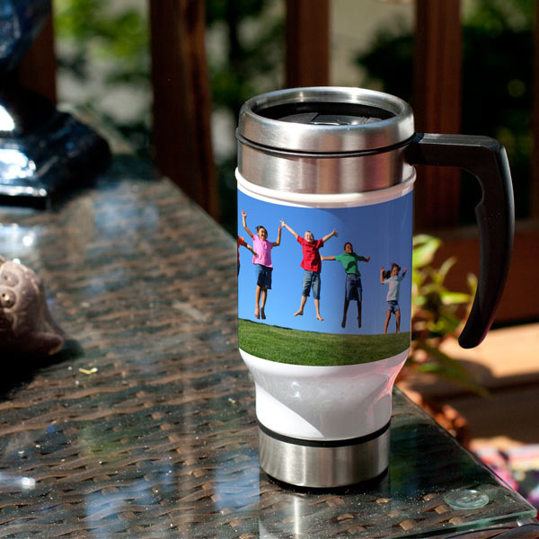 Show off your photos on the go with a personalized travel mug.