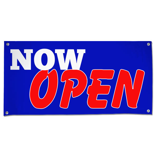Let the word out and get customers in your door with a bright bold Now Open Sales Banner size 4x2