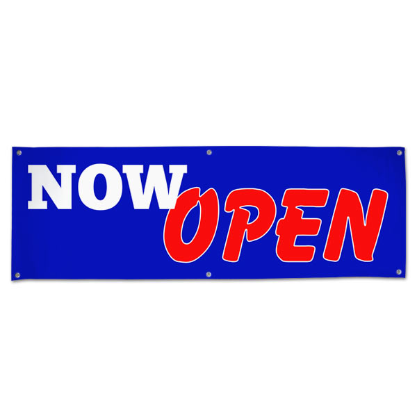 Let the word out and get customers in your door with a bright bold Now Open Sales Banner size 6x2