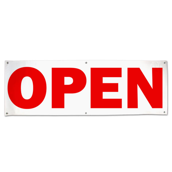 Let the public know you are open for business with this red text Open Banner size 6x2