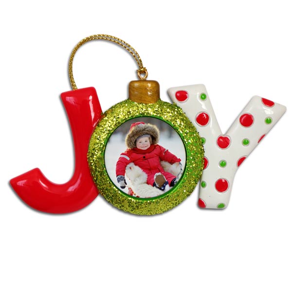 Joy photo ornament with baby in the O of Joy, colorful with glitter