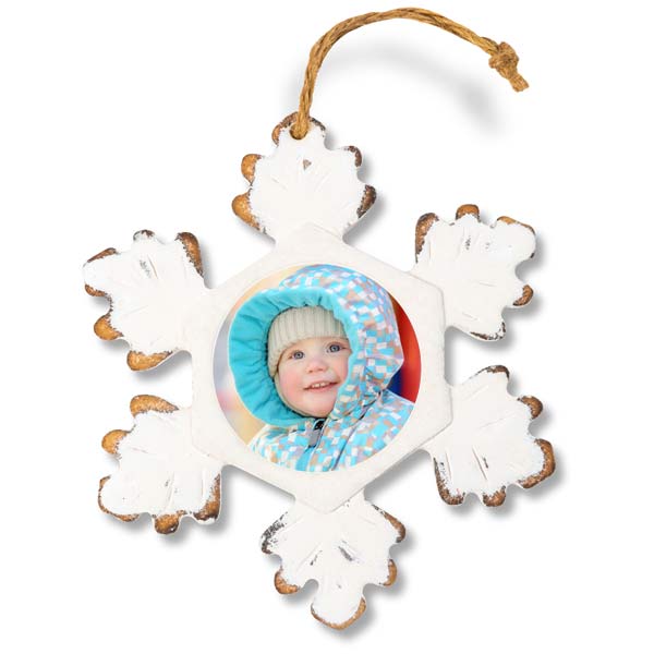 Rustic old fashioned snowflake ornament made of wood featuring your own photo