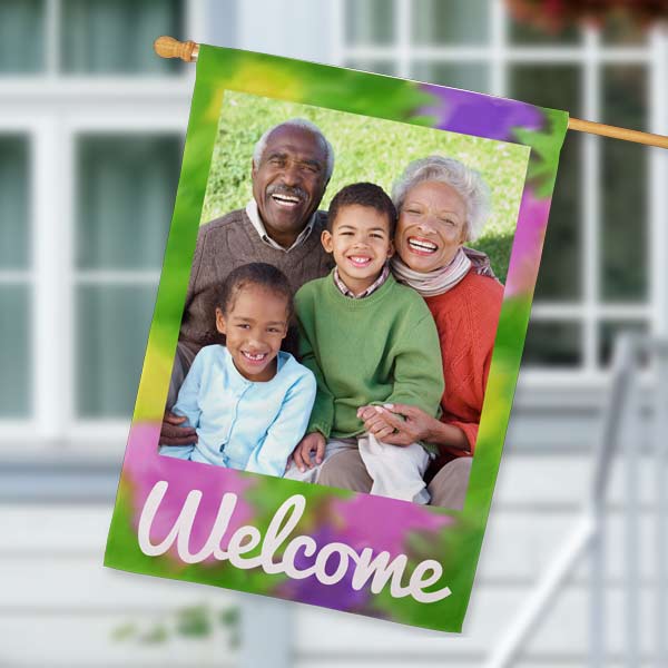 Share your family joy on a custom welcome flag for your home
